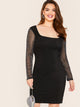  Plus Square Neck Sheer Sleeve Glitter Overlay Dress