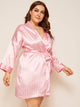 Plus Striped Satin Robe With Belt