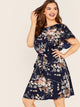 Plus Floral Print Petal Sleeve Belted Dress