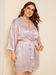 Plus Striped Satin Robe With Belt