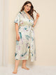 Plus Tropical Satin Robe With Belt