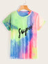 Plus Tie Dye Letter Print Fringe Hem Tee