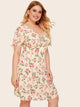 Plus Floral Print Knotted Cuff Dress