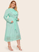 Plus Jabot Collar Guipure Lace Hem Belted Dress