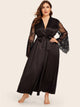 Plus Contrast Lace Satin Robe With Belt