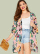 Plus Flounce Sleeve Floral Print Kimono