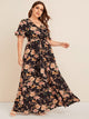  Plus Floral Tie Front Flounce Sleeve Maxi Dress