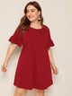 Plus V-cut Back Flounce Sleeve Tunic Dress