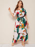 Plus Tropical And Floral Print Petal Sleeve Belted Dress