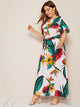 Plus Tropical And Floral Print Petal Sleeve Belted Dress