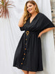 Plus V Neck Button Front Belted Swing Dress