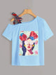 Plus Floral And Figure Print Asymmetrical Neck Knot Tee